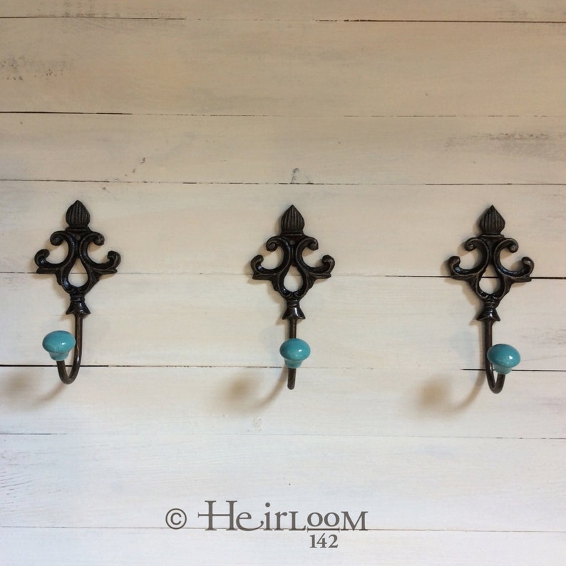Rustic Cast Iron Decorative Hook teal ceramic knob Etsy