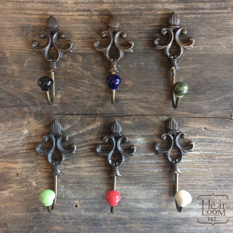 Rustic Cast Iron Decorative Hook teal ceramic knob Etsy