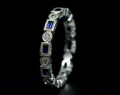 Art Deco Eternity Stackable Band 18K Gold Genuine Baguette Blue Sapphire And Diamond Mill Grained and Engraved Stackable Band Gemstone Ring