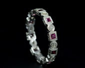 Art Deco Eternity Stackable Band 18 KWG Genuine Ruby and Diamond Mill Grained and Engraved Stackable Band Eternity Gemstone Ring size 6.00