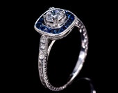 Art Deco Style Engagement Ring Blue Sapphire Halo and Diamond Engagement Ring Milgrain and Engraved Engagement Ring Setting Only Semi Mount