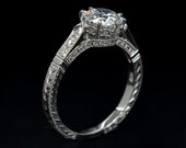 Edwardian Style Antique Inspired Engagement Ring 14 or 18 K White Gold Diamond Millgrained and Engraved Engagement Ring Setting Only Semi