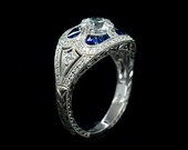 Edwardian Style Antique Engagement Ring WG Genuine Blue Sapphire and Diamond Mill Grain and Engraved Engagement Ring Setting Only Semi Mount