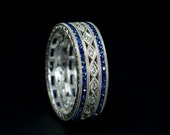 Art Deco Style Eternity Wedding Ring 18 K W Gold Diamond and Genuine Blue Sapphire Hand Engraved Wide Eternity Band Eternity Women 39 s Ring