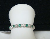 Art Deco Eternity Stackable Band 18 KWG Genuine Emerald and Diamond Mill Grained Eternity Stackable Band Eternity Gemstone Ring Size 4.5