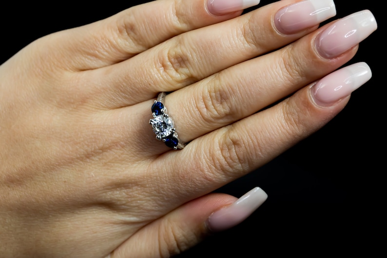 Antique Engagement Ring/ Modern Nouveau Three Stone Engagement Ring/ Blue Sapphire Ring/ Setting Only/ Vintage Ring/ Semi Mount Ring Setting image 5