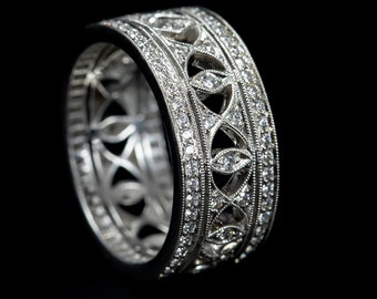 Edwardian Diamond Eternity Wedding Band | Milgrain Wide Ring | 14K 18K Gold
