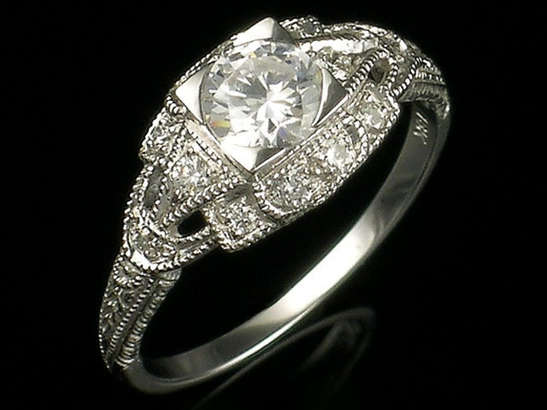 Art Deco Diamond Setting Engagement Ring for Round Cut Made With Gold ...