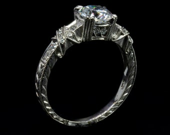 Antique Style Ring/Edwardian Engagement Ring/Diamond Engagement Ring/Mill Grained Engraved Engagement Ring/Setting Only Ring/ Vintage Ring