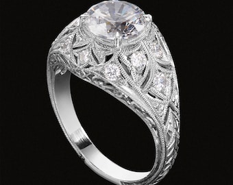 May include: A silver engagement ring with a large, round, clear diamond center stone and smaller diamonds set in a filigree design.