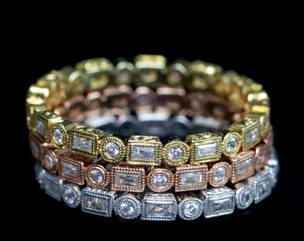 Antique Style Art Deco Stackable Wedding Ring/ 18K Gold Bezel Set Brilliant & Baguette Diamonds Mill Grained Engraved Eternity Wedding Band