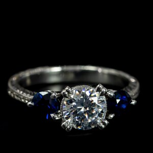 Antique Engagement Ring/ Modern Nouveau Three Stone Engagement Ring/ Blue Sapphire Ring/ Setting Only/ Vintage Ring/ Semi Mount Ring Setting image 3