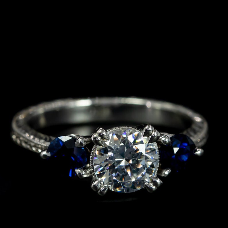 Antique Engagement Ring/ Modern Nouveau Three Stone Engagement Ring/ Blue Sapphire Ring/ Setting Only/ Vintage Ring/ Semi Mount Ring Setting image 3
