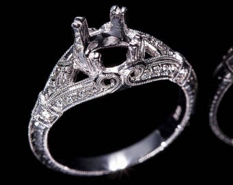 Antique Engagement Ring/ Edwardian Engagement Ring/ Diamond Engagement Ring/ Setting Only/ Semi Mount Ring/ Engraved Milgrain Vintage Ring