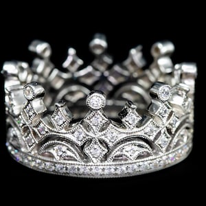 Antique Inspired Vintage Style Diamond Crown Wedding Ring/ Gold Diamond Ring/ Milgrain Wedding Band/ Crown Eternity Wedding Band/ Wide Ring