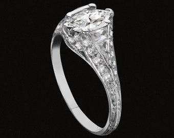 Antique Style Edwardian Engagement Ring/ Vintage White Gild Diamond Engraved & Milgrain Semi Mount Ring Setting Only For Marquise Cut Stone