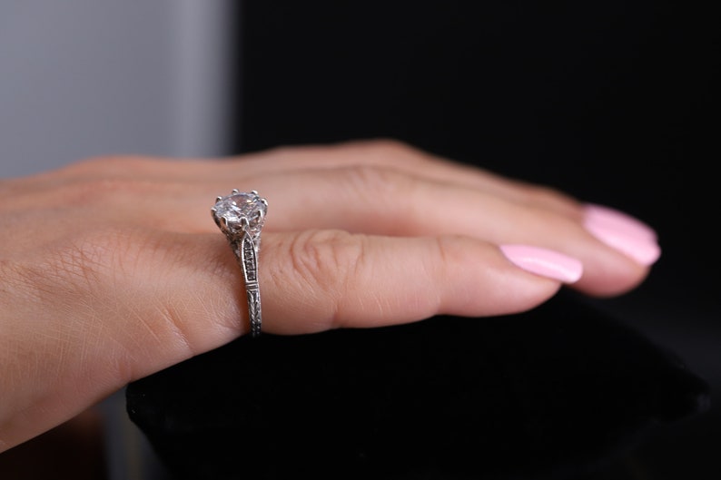 Antique Style Art Deco Engagement Ring/Platinum Diamond Ring/ Milgrain Hand Engraved Engagement Ring/ Setting Only/ Vintage Ring/ Semi Mount image 6