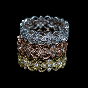 Nature Inspired Wide Stackable Wedding Ring/ 18K & Diamond Floral Vine Milgrain Eternity Wedding Ring/ Floral Engagement Ring/ Wedding Band