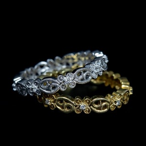 Antique Inspired Eternity Stackable Wedding Ring/ 18K Gold & Diamond Floral Vine Ring/ Milgrain Eternity Wedding Band/ Floral Wedding Ring image 1