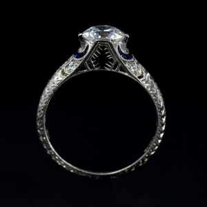 Vintage Edwardian Ring Setting/ Edwardian Engagement Ring Antique Style White Gold Diamond Blue Sapphire Filigree Engraved Milgrain Mounting