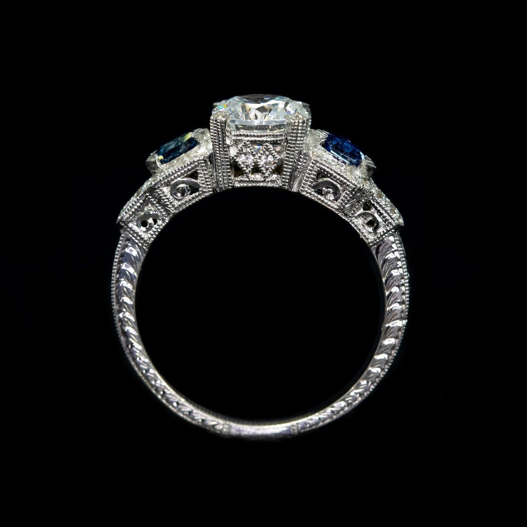 Antique Bridal Set/ Art Deco Wedding Set/ Diamond Baguette Blue Sapphire Bridal Set/filigree