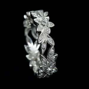 Floral Wedding Ring/ 18 K White Gold Diamond Ring/ Floral Milgrain Eternity Leaf Wedding Ring/ Wide Diamond Band/ Wide Floral Wedding Ring