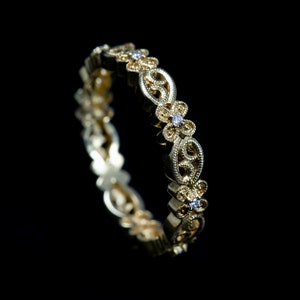 Antique Inspired Eternity Stackable Wedding Ring/ 18K Gold & Diamond Floral Vine Ring/ Milgrain Eternity Wedding Band/ Floral Wedding Ring image 4