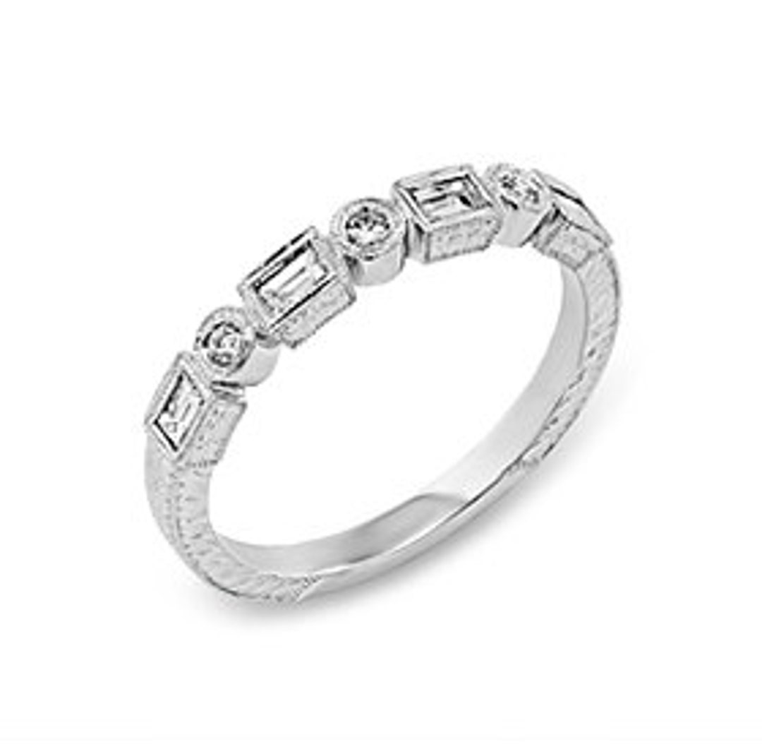 Art Deco Style Platinum Bezel Set Baguette & Round Diamond Wedding Ring