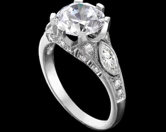 Antique Style Art Deco Engagement/ Gold Platinum Marquis & Pave Set Diamonds Milgrain Engagement Ring/ Setting Only/ Vintage Semi Mount Ring