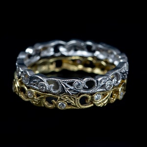 Antique Style Stackable Wedding Ring/ Diamond Floral Vine Ring/ Milgrain Eternity Wedding Ring/ Nature Inspired Floral Ring/ Bridal Ring