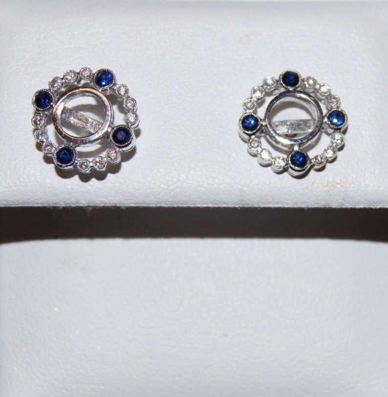 Antique Style Edwardian Earrings/14K White Gold Diamond & Genuine Blue Sapphire Earrings/ Mill Grained Earrings/Setting Only For 6.00 MM image 2