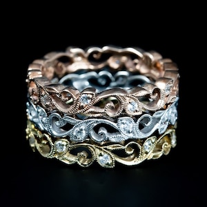 Antique Style Stackable Wedding Ring/ Diamond Floral Vine Ring/ Milgrain Eternity Wedding Ring/ Nature Inspired Floral Ring/ Bridal Ring