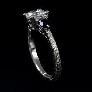 Antique Engagement Ring/ Modern Nouveau Three Stone Engagement Ring/ Blue Sapphire Ring/ Setting Only/ Vintage Ring/ Semi Mount Ring Setting image 2