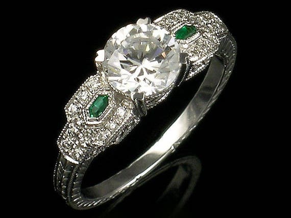 Emerald Antique Style Art Deco Engagement Ring/ Art Deco Semi
