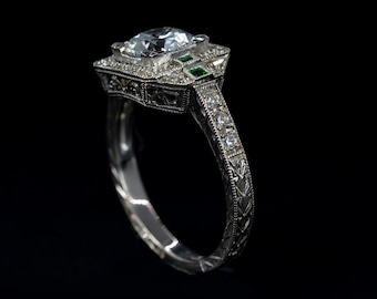 Antique Engagement Ring/ Edwardian Engagement Ring/ Vintage Diamond Emerald Filigree Engagement Ring/ Setting Only/ Semi Mount Ring Setting