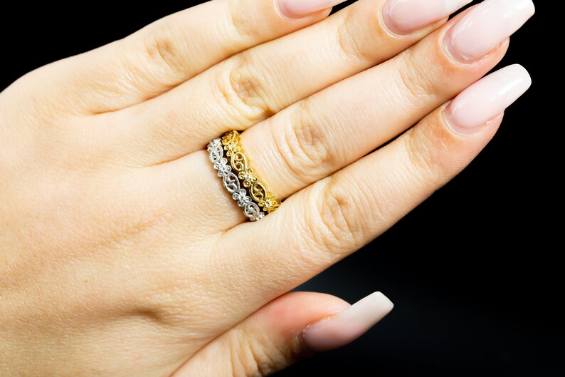 Antique Inspired Eternity Stackable Wedding Ring/ 18K Gold & Diamond Floral Vine Ring/ Milgrain Eternity Wedding Band/ Floral Wedding Ring image 5