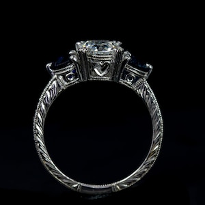 Antique Engagement Ring/ Modern Nouveau Three Stone Engagement Ring/ Blue Sapphire Ring/ Setting Only/ Vintage Ring/ Semi Mount Ring Setting image 1