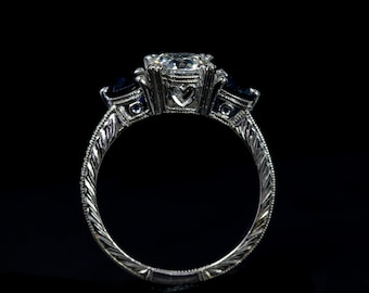 Antique Engagement Ring/ Modern Nouveau Three Stone Engagement Ring/ Blue Sapphire Ring/ Setting Only/ Vintage Ring/ Semi Mount Ring Setting