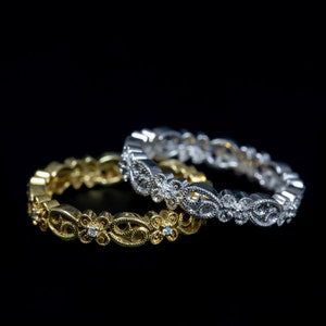 Antique Inspired Eternity Stackable Wedding Ring/ 18K Gold & Diamond Floral Vine Ring/ Milgrain Eternity Wedding Band/ Floral Wedding Ring image 2