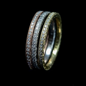 Art Deco style 18k Gold Hand Engraved Diamond Stackable Eternity Wedding Ring/ Microscope Pave Diamond Set Narrow Eternity Stackable Band