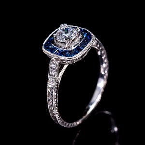 Sapphire Diamond Halo Art Deco Engagement Ring/ Art Deco Semi Mount Custom Cut Blue Sapphire Accent Diamond Engraved Semi Mount For Round