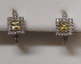 14 K White Gold Natural Diamond & Genuine Princess Cut Yellow Sapphire Clip On Earrings/ Princess Cut Earrings/ Clip On Sapphire Earrings