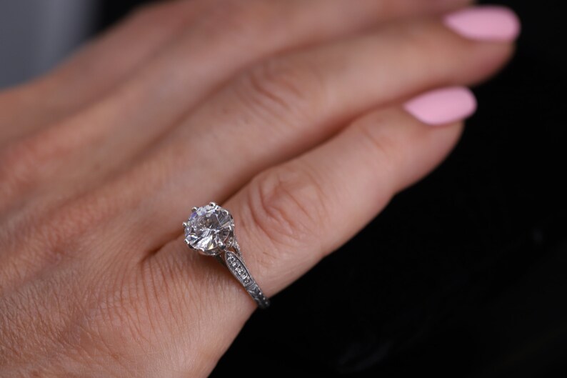 Antique Style Art Deco Engagement Ring/Platinum Diamond Ring/ Milgrain Hand Engraved Engagement Ring/ Setting Only/ Vintage Ring/ Semi Mount image 10