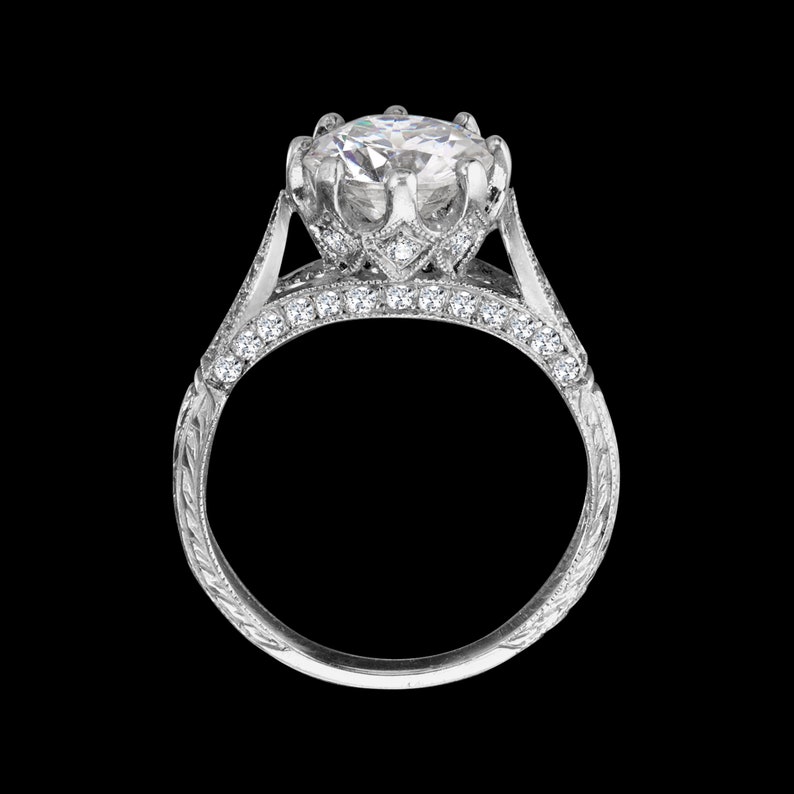 Antique Style Art Deco Engagement Ring/Platinum Diamond Ring/ Milgrain Hand Engraved Engagement Ring/ Setting Only/ Vintage Ring/ Semi Mount image 2