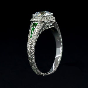Tsaviorite Halo Diamond Edwardian Engagement Ring/Vintage Edwardian Setting Custom Cut Emerald Accent Diamond Filigree Half Bezel Semi Mount