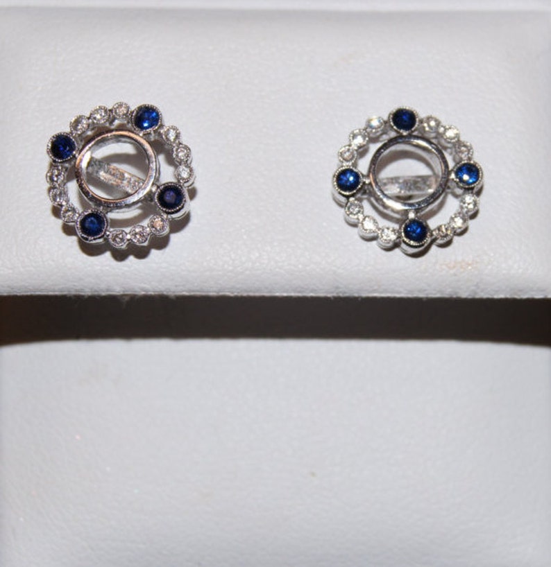 Antique Style Edwardian Earrings/14K White Gold Diamond & Genuine Blue Sapphire Earrings/ Mill Grained Earrings/Setting Only For 6.00 MM image 3