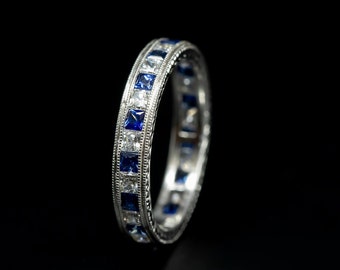 Antique Style Eternity Ring/ French- Cut Or Regular Princess Cut Blue Sapphire & Diamonds Channel Set Hand Engraved Milgrain Stackable Ring