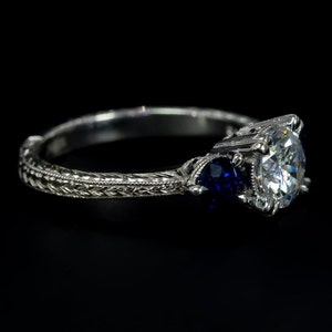Antique Engagement Ring/ Modern Nouveau Three Stone Engagement Ring/ Blue Sapphire Ring/ Setting Only/ Vintage Ring/ Semi Mount Ring Setting image 4
