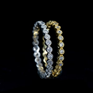 Art Deco Eternity Wedding Ring/ Gold Bezel Set Diamond Stackable Eternity Wedding Ring/ Milgrain Stackable Wedding Band/ Narrow Diamond Band