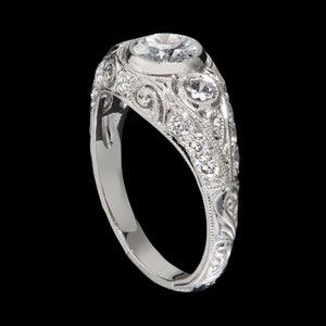 Antique Inspired  Edwardian Style Engagement Ring/ Filigree Engraved Milgrain Diamond Bezel Set Engagement Ring/ Setting Only Semi Mount